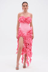 CITY LIGHTS RUFFLE MIDI DRESS IN LIGHT PINK