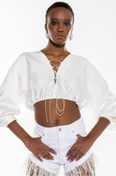 PORTOFINO SATIN LACE UP CROPPED BLOUSE