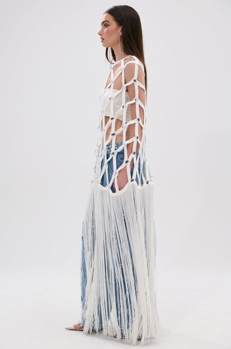 WHITE ZELINA FRINGE EMBELLISHED LONG CARDIGAN