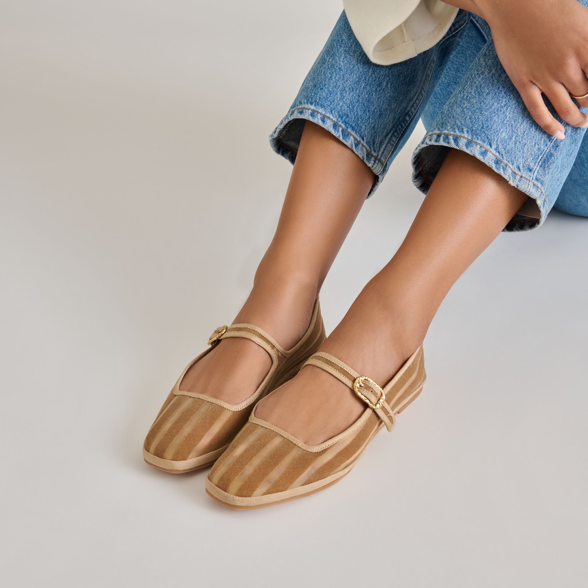 TAMEKA BALLET FLATS TAN STRIPE MESH