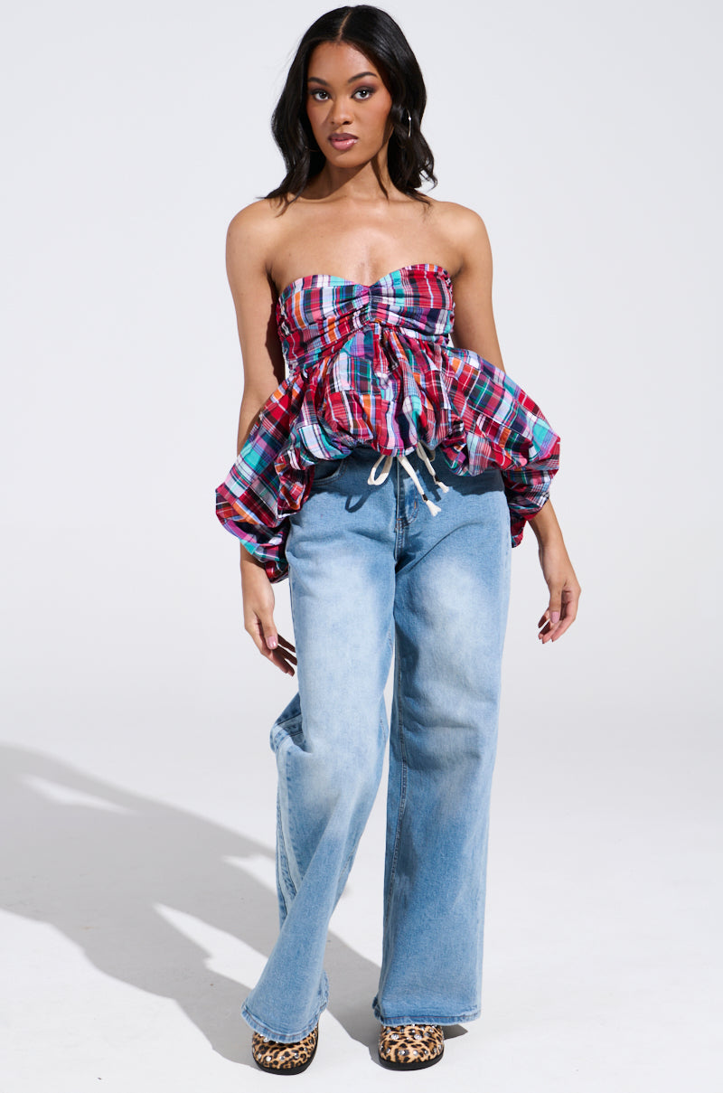 MIXED PLAID CROPPED BUBBLE BLOUSE