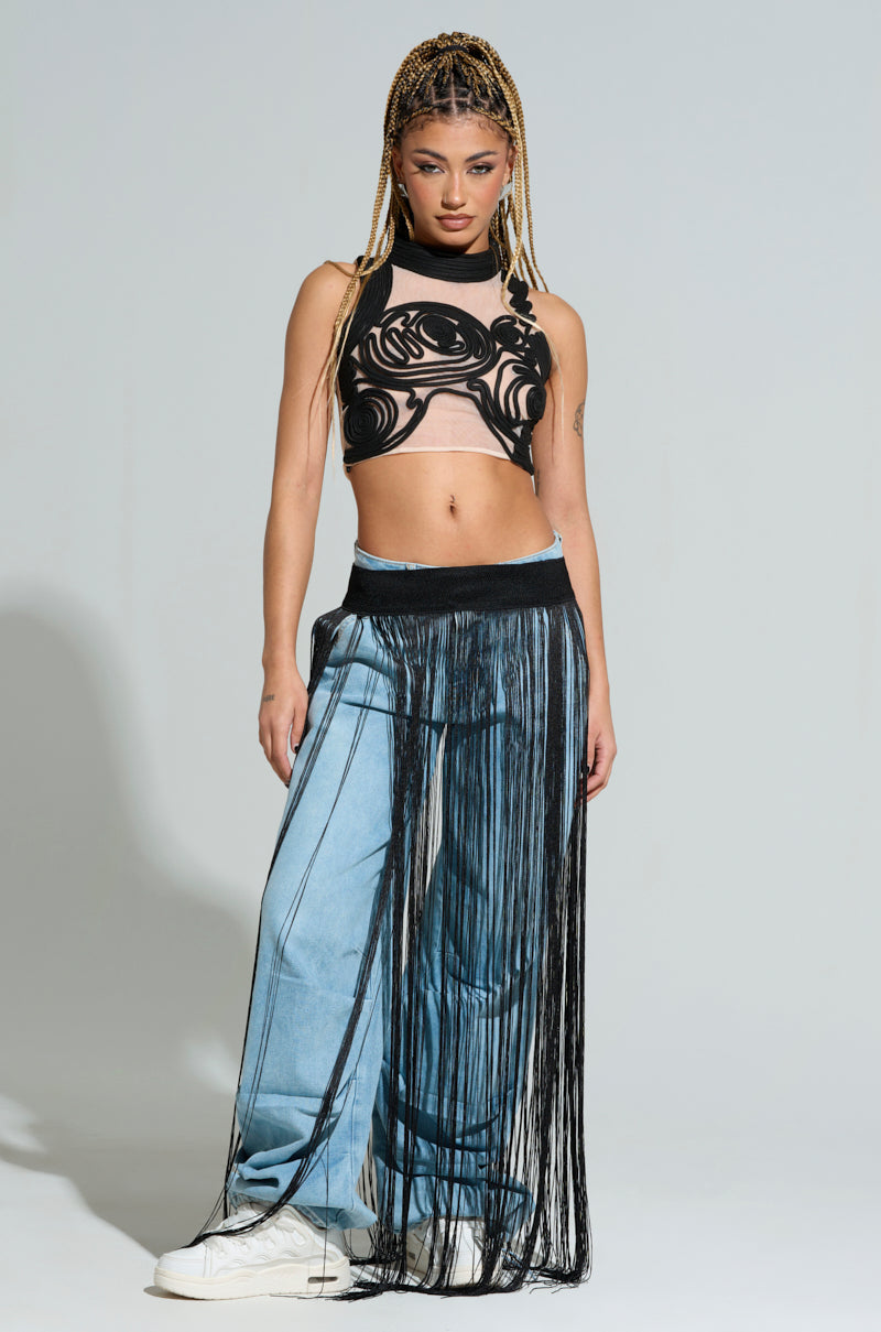 SATURN RINGS HIGH NECK MESH UNDERLAY BLOUSE IN BLACK