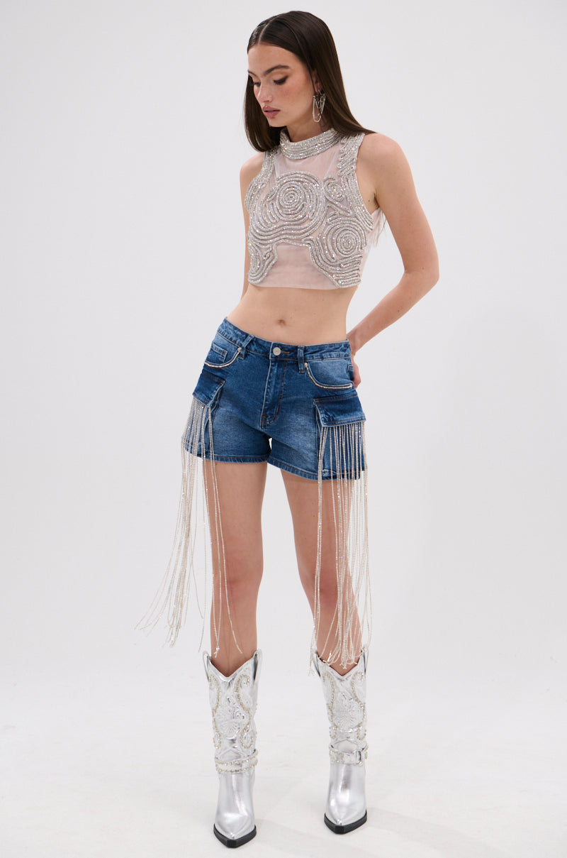 STARSHINE RHINESTONE MOCK NECK BLOUSE