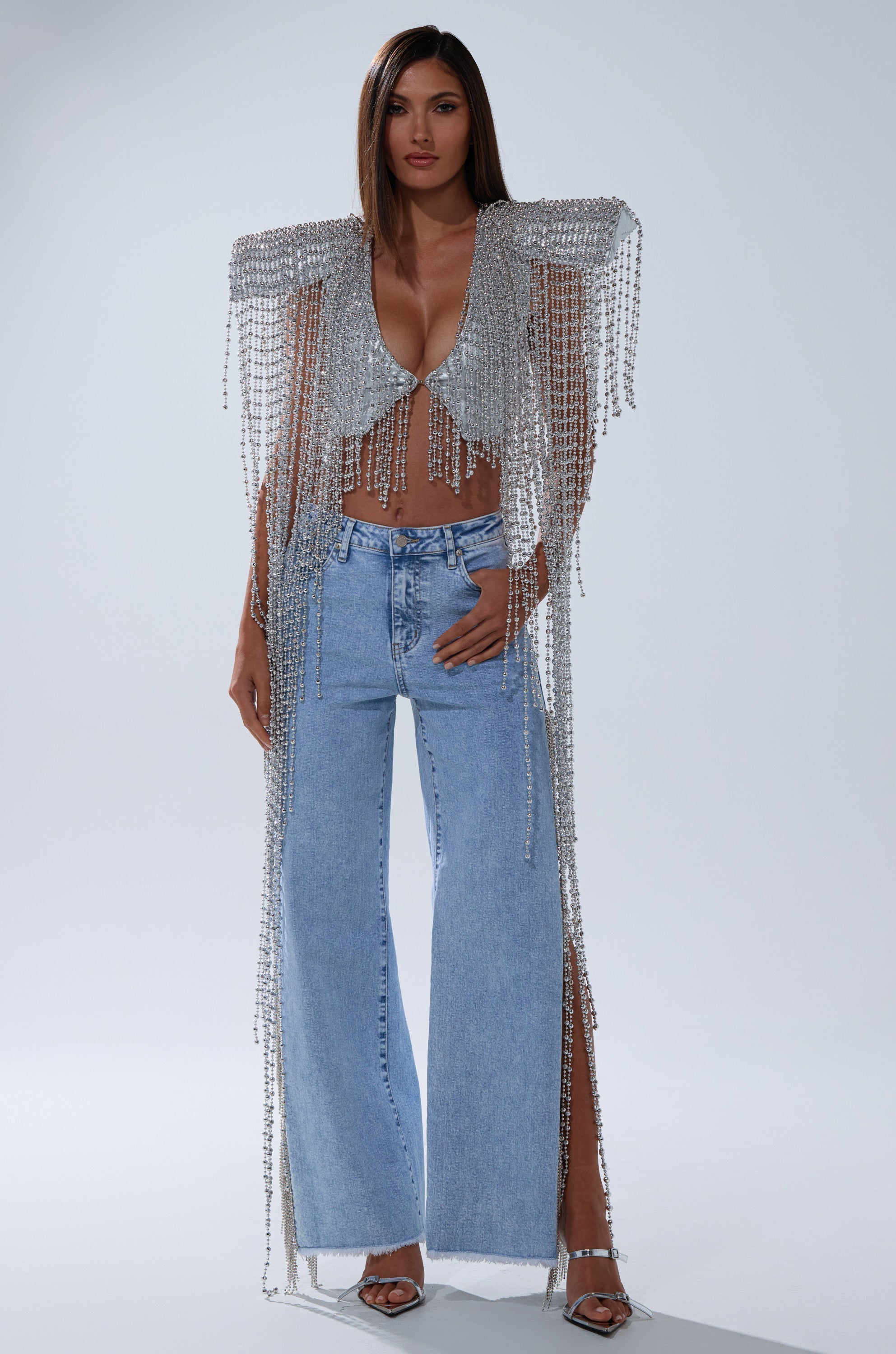 IN MY OWN LANE SILVER BEADED TOP
