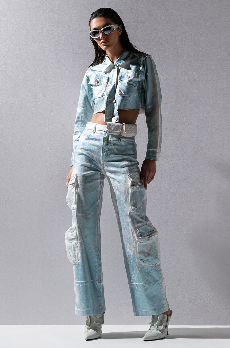 AUBREY BRUSHED METALLIC WIDE LEG CARGO JEANS