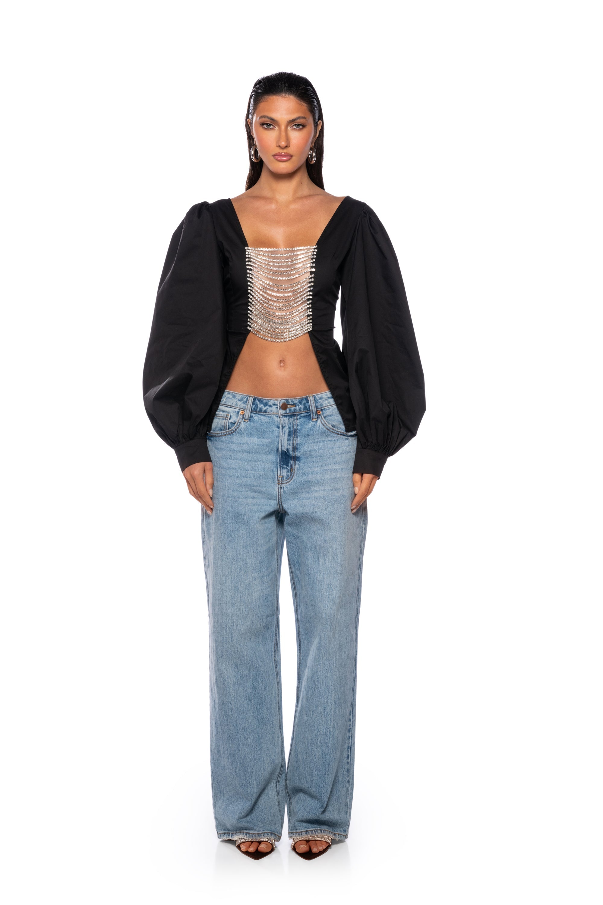 DARE ME RHINESTONE OPEN BACK BLOUSE