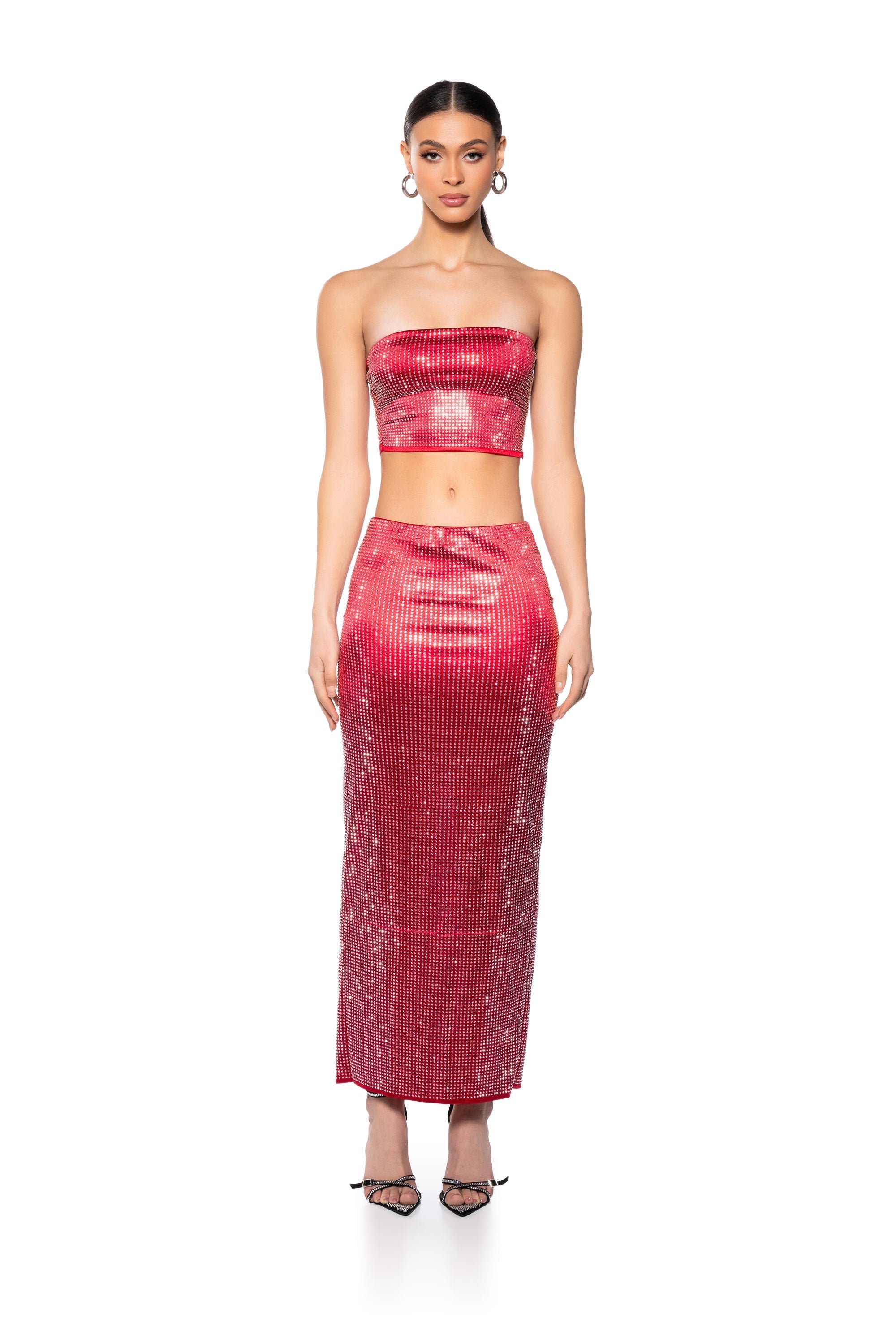 DECISION MAKER RHINESTONE TUBE TOP IN RED
