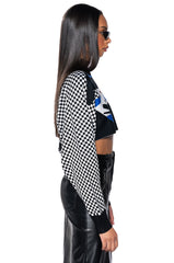 MADEMOISELLE NOIR MOCK NECK CHECKERED KNIT SWEATER