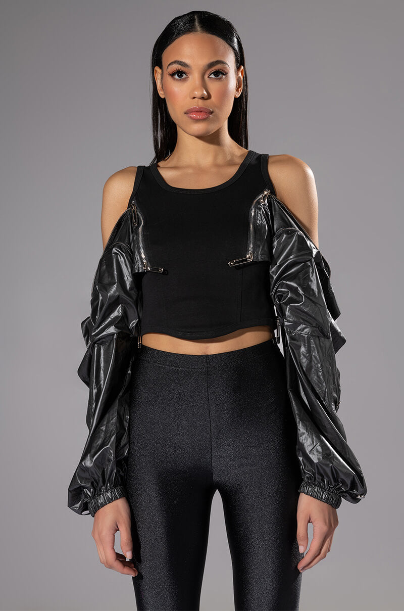 RIDE FOR YOU PU SLEEVE ZIPPER DETAIL TOP